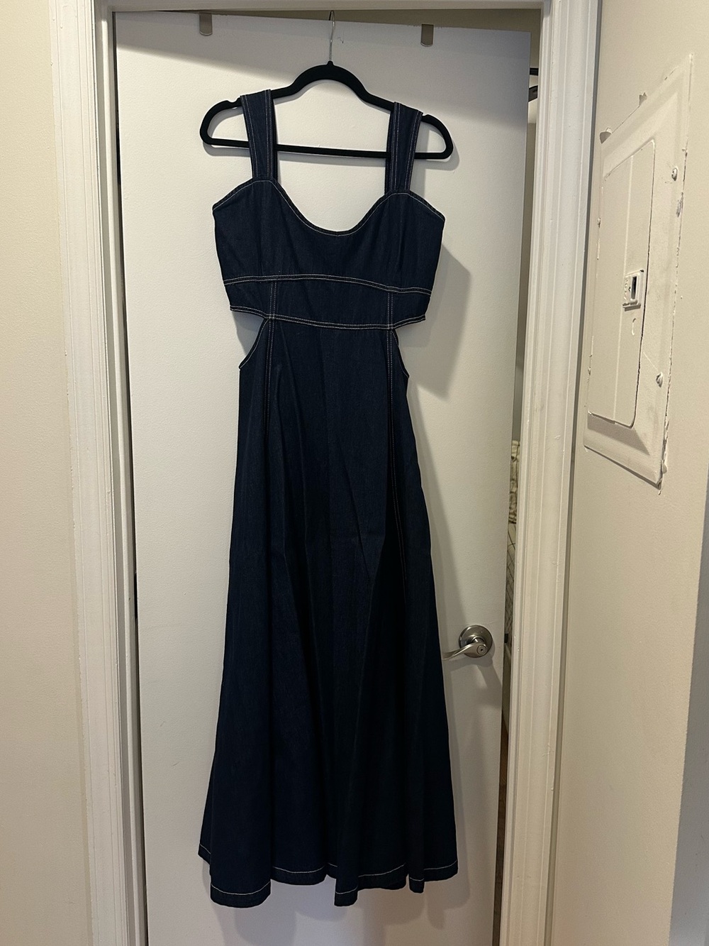 Anthropologie Dark Blue Denim Maxi Dress with Side Cutouts